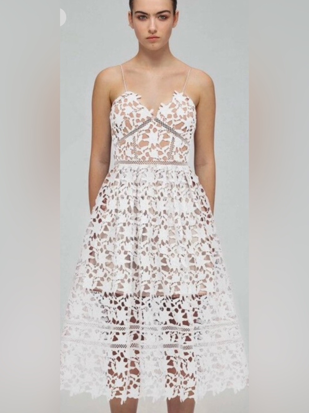 Roselani White Cotton Lace Midi Dress - Intricate Overlay - Size Small (Est.)